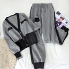 Set: Contrast Trim Cardigan + Cropped Harem Pants