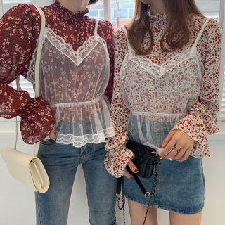 Set: Floral Print Stand Collar Top + Sheer Camisole Top