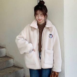 Embroidered Fleece Zip Jacket Beige - One Size