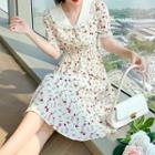 Floral Print Square-neck Lace Trim Chiffon Dress