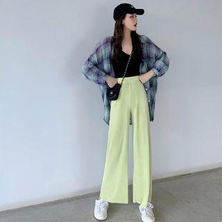 Plain High-waist Wide-leg Pants Green - Pants - One Size