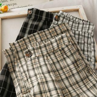 Elastic-waist Checker Wide Pants