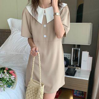 Short-sleeve Collared Two-tone Midi Dress