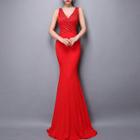 Sequined V-neck Sleeveless Evening Gown