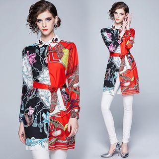 Long-sleeve Tie-waist Print Shirt
