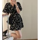Short-sleeve V-neck Floral Print Slim-fit A-line Mini Dress Black - One Size
