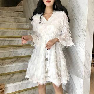 Bell Sleeve Fringed V-neck A-line Dress