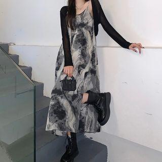 Spaghetti Strap Tie-dye Midi Smock Dress / Cropped Cardigan
