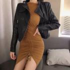 Faux Leather Biker Jacket / Off-shoulder Long-sleeve Mini Bodycon Dress