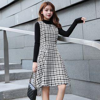 Mock-neck Long-sleeve Knit Top / Sleeveless A-line Tweed Dress / Set