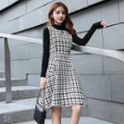 Mock-neck Long-sleeve Knit Top / Sleeveless A-line Tweed Dress / Set