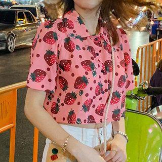Strawberry Print Cropped Short-sleeve Blouse