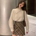 Collared Sweater / Argyle Woolen Mini Skirt