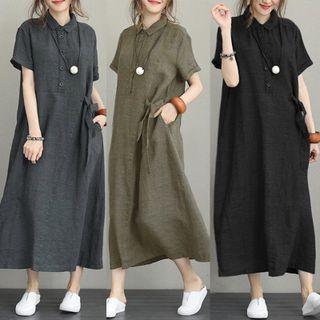 Short-sleeve Polo-neck Maxi A-line Dress