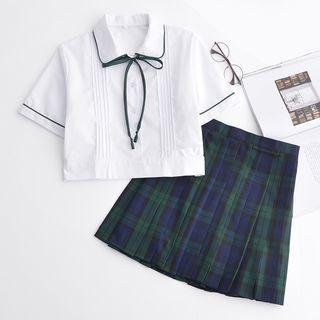 Short-sleeve Bow-accent Top/plaid Skirt/cardigan