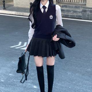 Double-breasted Blazer / Pleated Mini A-line Skirt / Vest / Tie-neck Shirt