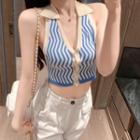 Curve-striped Collared Cropped Halter Top Blue - One Size