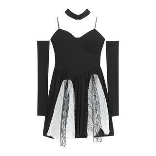 Set: Spaghetti-strap Mini A-line Dress + Oversleeves