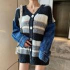 Denim-sleeve Striped Cardigan As Shown In Figure - One Size