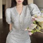 Short-sleeve Lace Trim Cropped Jacket / Mini Pencil Skirt