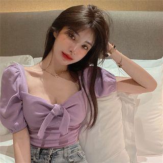 Puff-sleeve Bow Accent V-neck Blouse