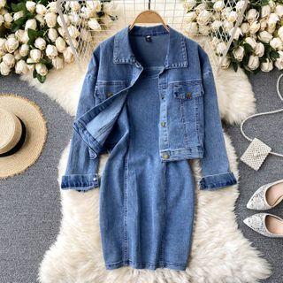 Set: Denim Jacket + Denim Strappy Sheath Dress