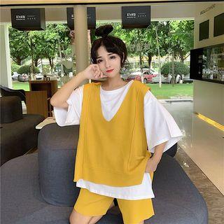 Plain Elbow-sleeve T-shirt / Knit Vest / Plain Shorts / Set