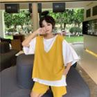 Plain Elbow-sleeve T-shirt / Knit Vest / Plain Shorts / Set