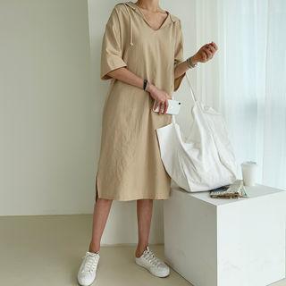 Hemp Blend Hoodie Dress Beige - One Size