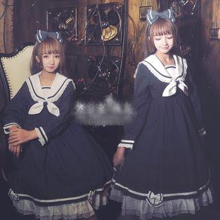 Sailor-collar Ruffle Hem Long-sleeve Dress