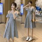 Short-sleeve Cold Shoulder Gingham Ruffled A-line Dress
