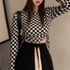 Long-sleeve Checkerboard Drawstring Cropped T-shirt Black & White - One Size