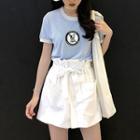 Set: Dog Print Short-sleeve T-shirt + Tie-waist Mini A-line Skirt