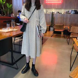 Heart Print Long-sleeve Midi A-line Dress Beige - One Size