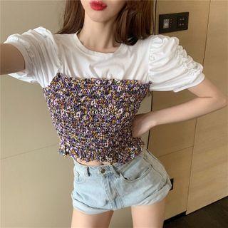 Mock Two-piece Floral Panel Short-sleeve Cropped T-shirt