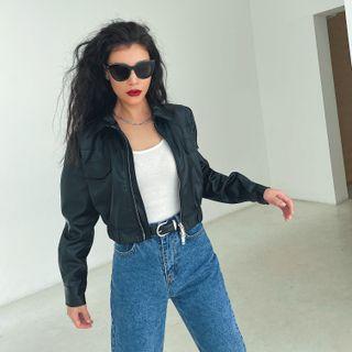 Plain Faux Leather Zip Pocket Cropped Jacket Black - One Size