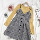 Single-breasted Woolen Plaid V-neck Strappy A-line Dress