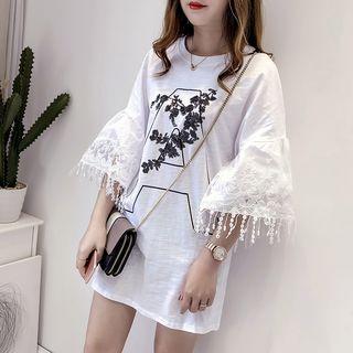 Sequined Lace Panel 3/4 Sleeve Dress