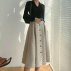 Long-sleeve V-neck Knit Top / Midi A-line Skirt / Set
