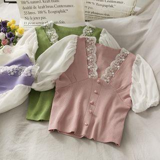 Lace-tim Puff-sleeve Colorblock Crop Top In 6 Colors