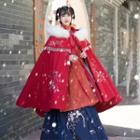 Faux Fur Trim Embroidered Hooded Hanfu Cape Red - One Size