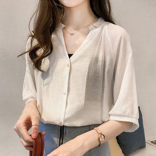 3/4-sleeve V-neck Buttoned Blouse