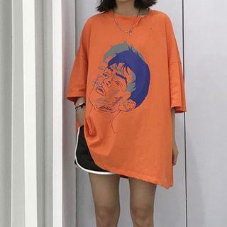 Print Elbow-sleeve Slit Back T-shirt