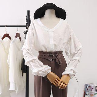 V-neck Long Puff Sleeve Button Blouse