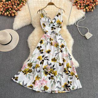 Strappy Floral Print Maxi A-line Dress