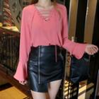 Lace-up Neck Ruffle-cuff Top