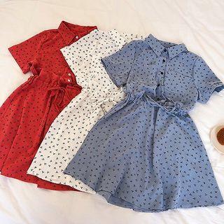 Picture Print Lace-up Chiffon Short-sleeve Dress