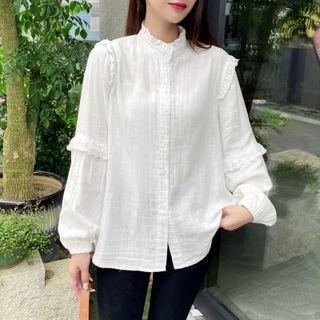 Stand Collar Lace Ruffle Trim Blouse White - One Size