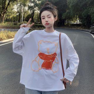 Long-sleeve Round Neck Bear Print T-shirt