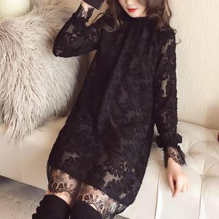 Long-sleeve Mini Lace Shift Dress